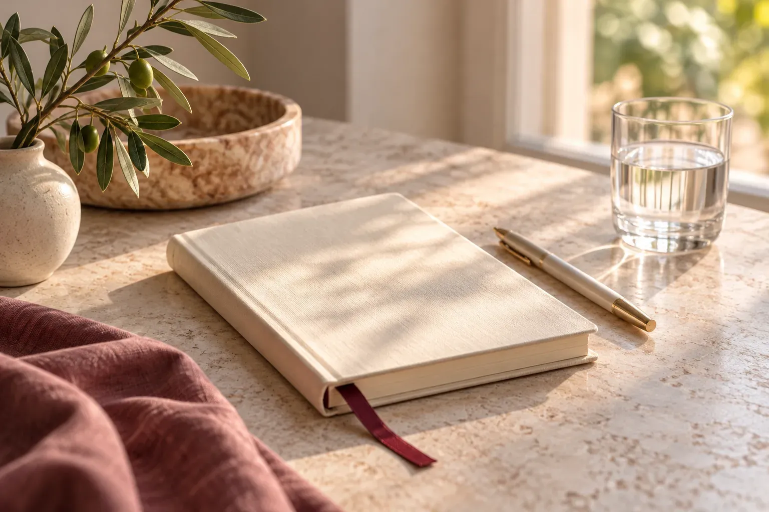 A notebook and pen in soft window light