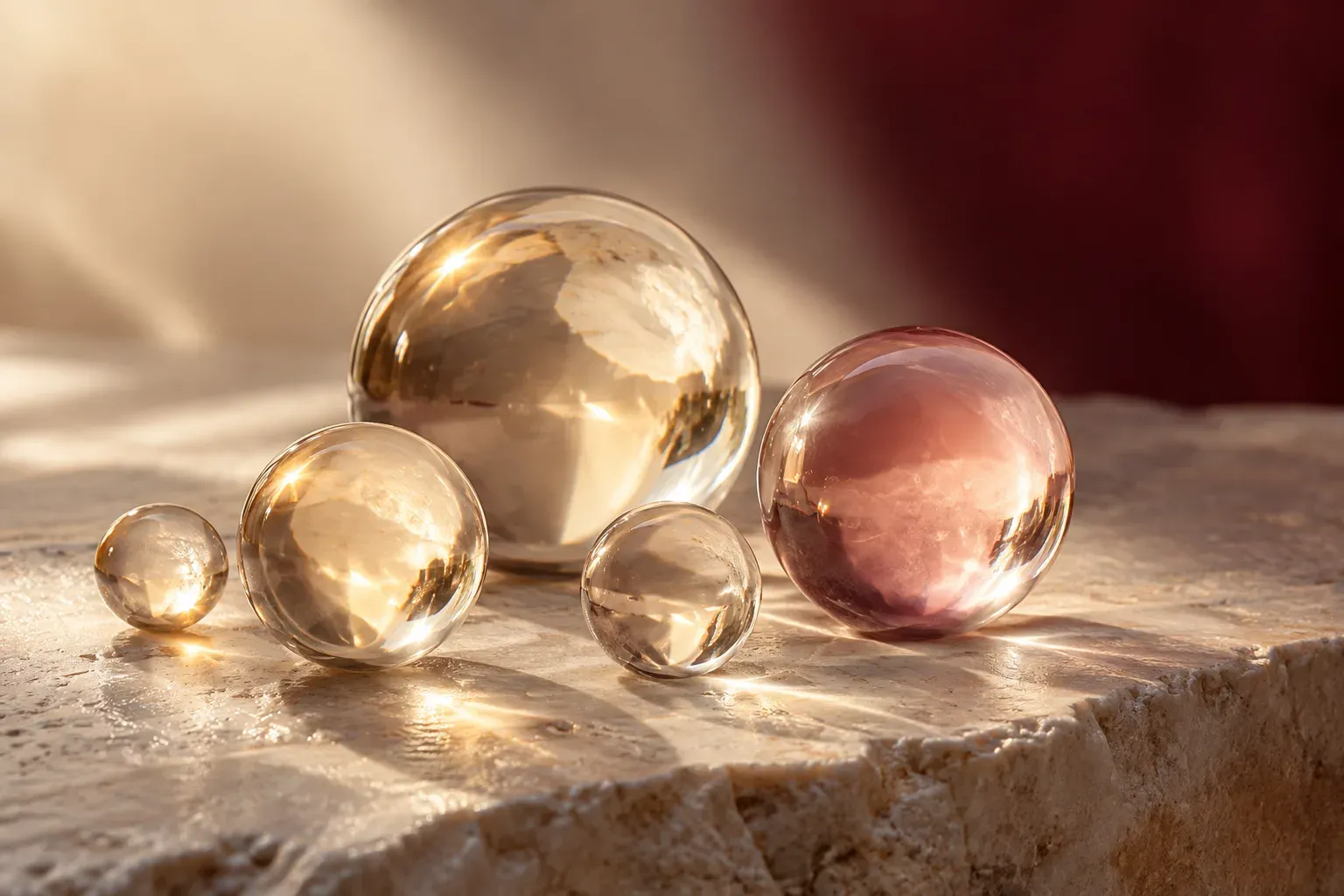 Glass spheres reflecting warm light