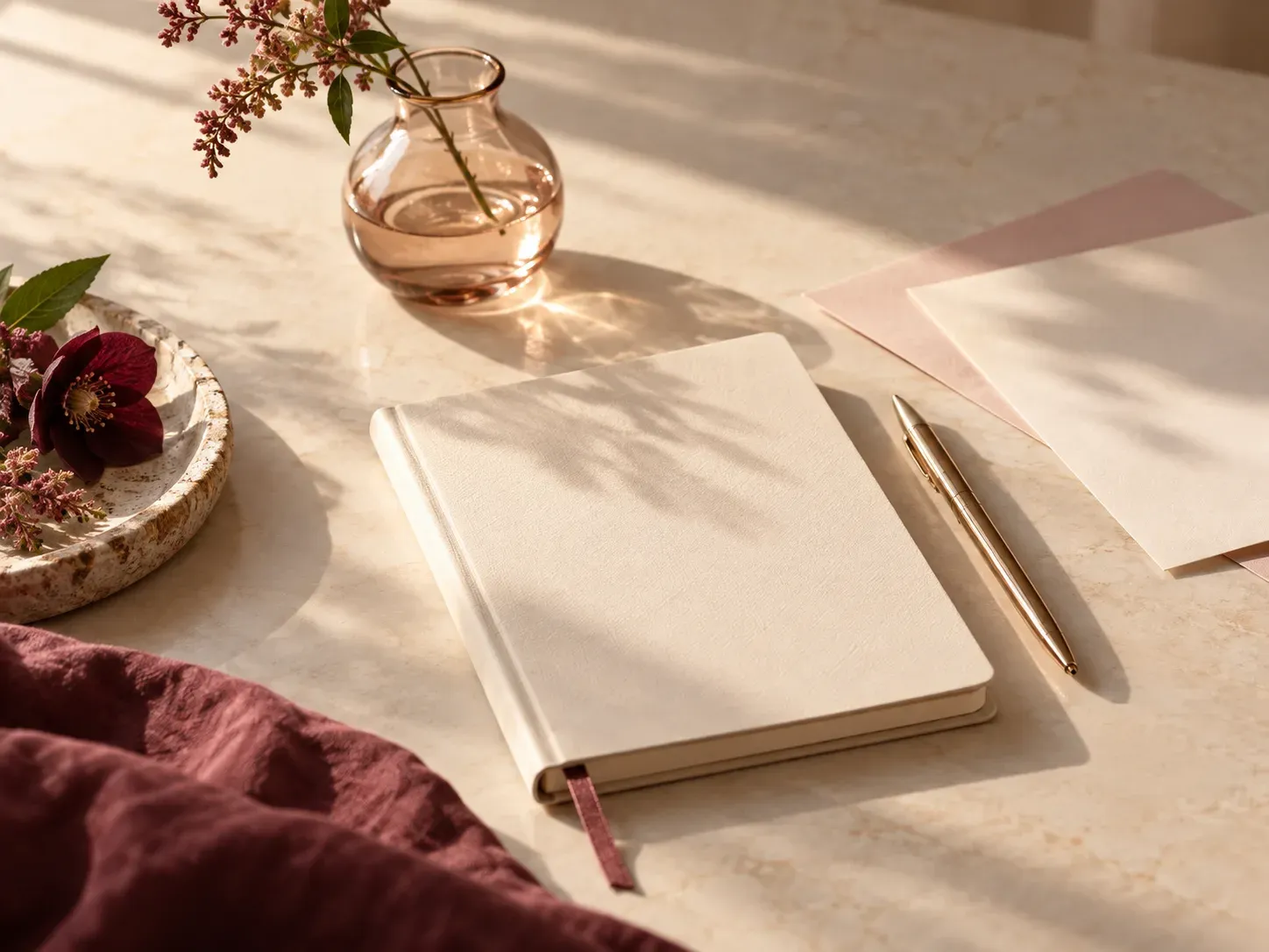 Blank notebook and pen in warm light