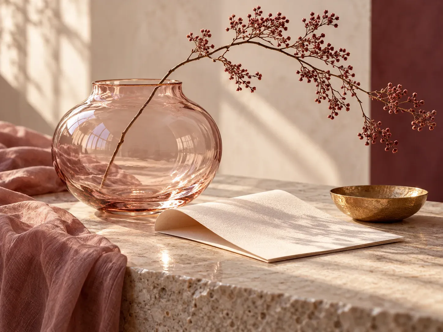 Blush glass vase and folded paper in natural light