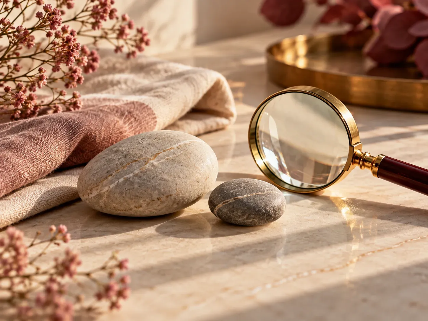 Two stones and a magnifying glass on a warm tabletop