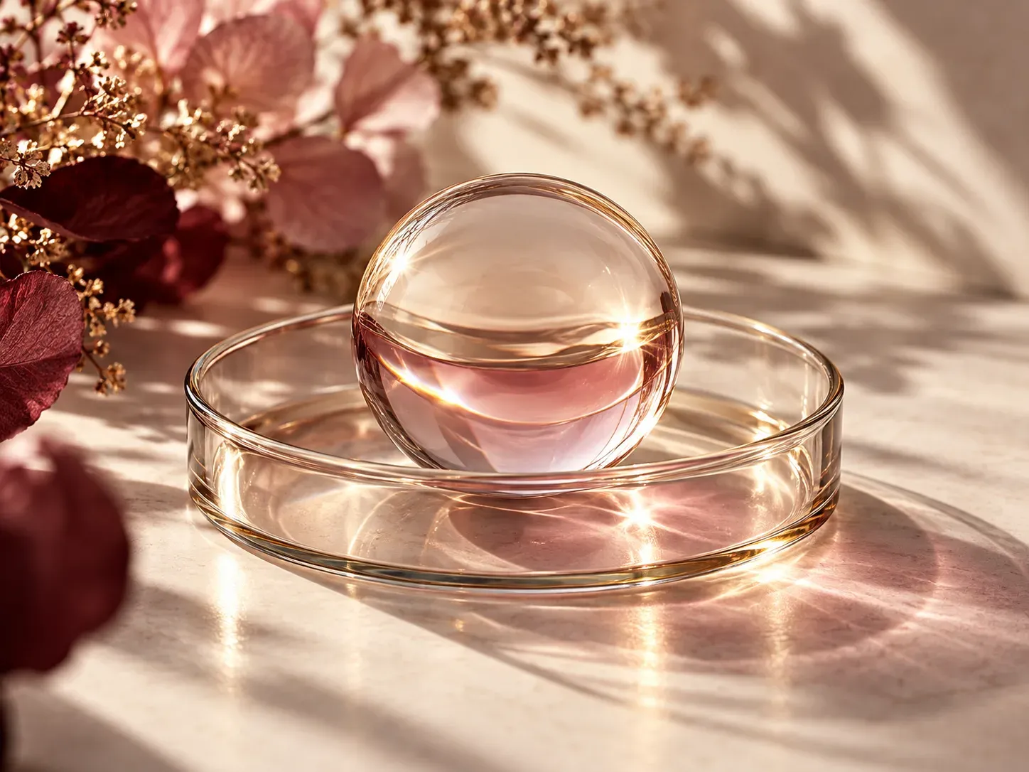 Abstract glass sphere in a clear dish