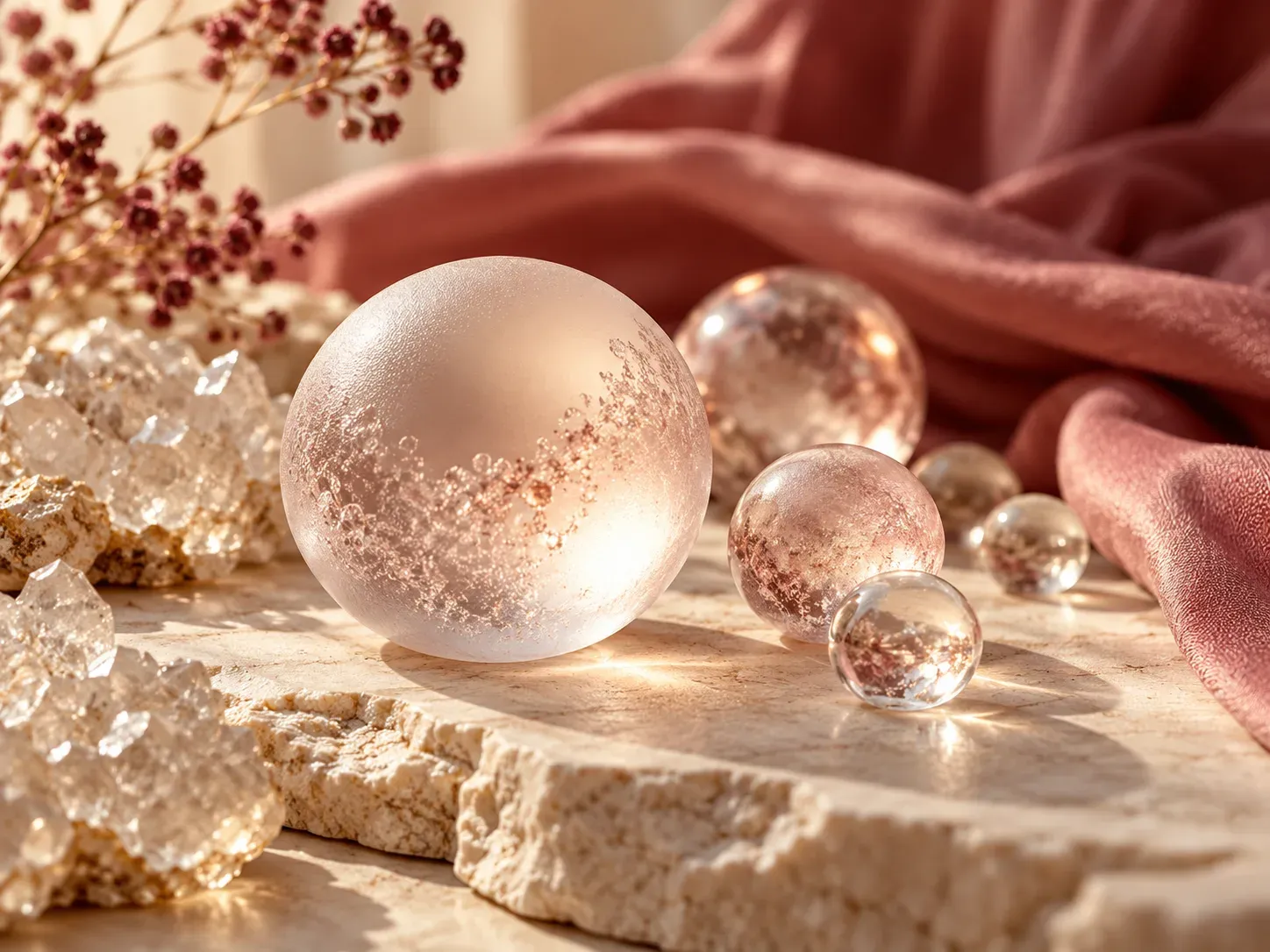Frosted glass spheres on an ivory surface
