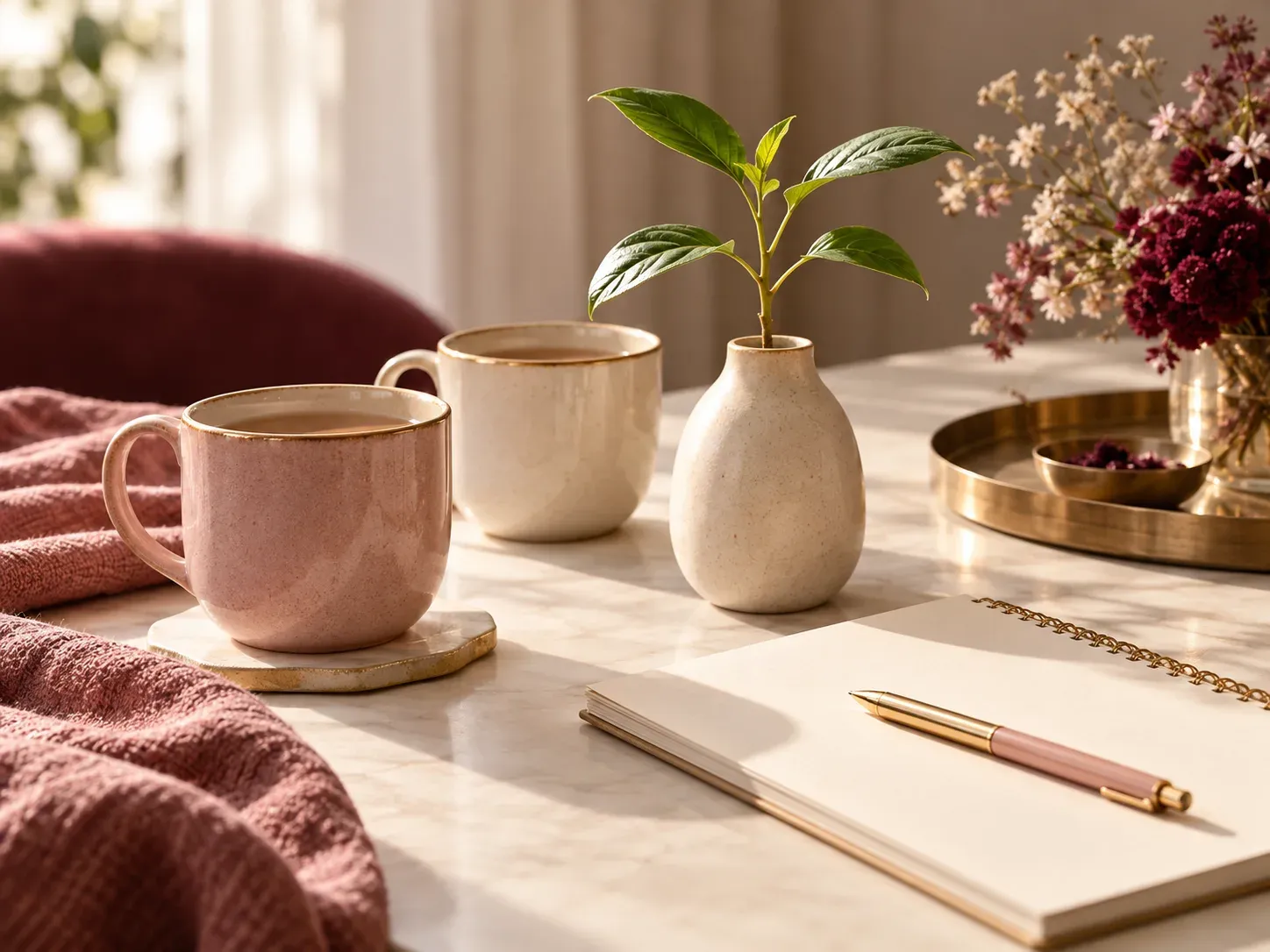 Two cups and a seedling beside a notebook
